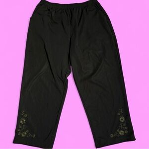 Dark Green Embroidered Flower Pants